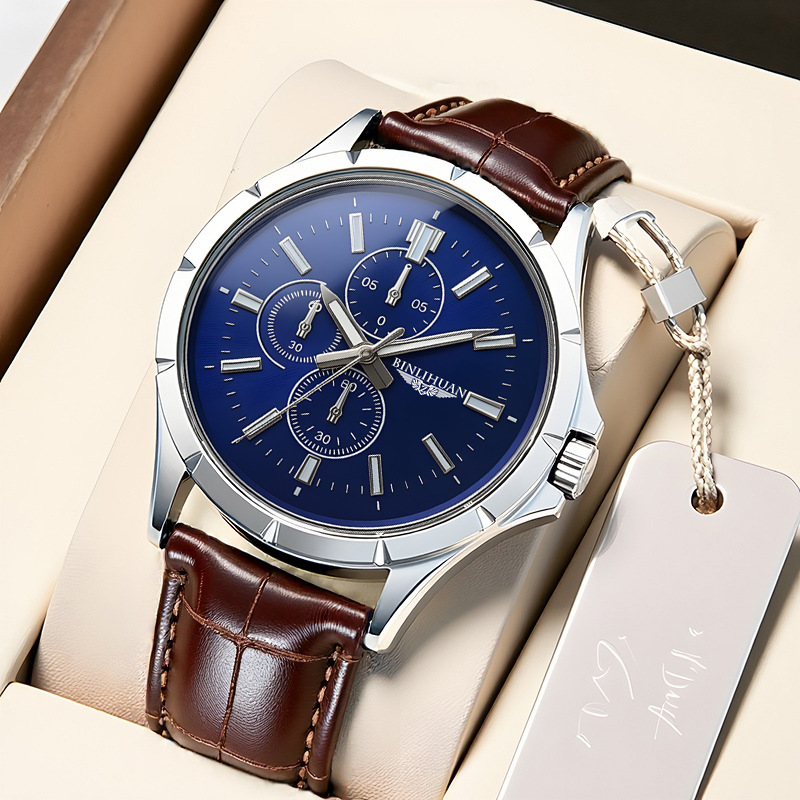 Leather Watch Band Men - Męski zegarek kwarcowy z chronografem, niebieska