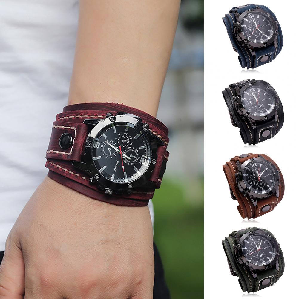 Leather Watch Band Men - Retro męski zegarek kwarcowy z okrągłą